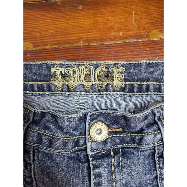 Truce Size 8 Blue Denim Jean Shorts Rolled Up Bottom Hem With Buttons