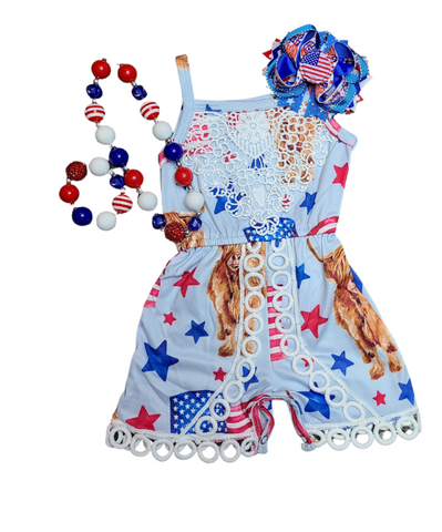 4th of July Highland Cow Romper 4pc Set