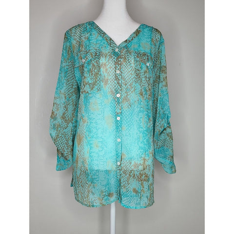 Womens Blouse Mushbaby Sienna Rose Shear w/ Bell Sleeves That Button Up Large