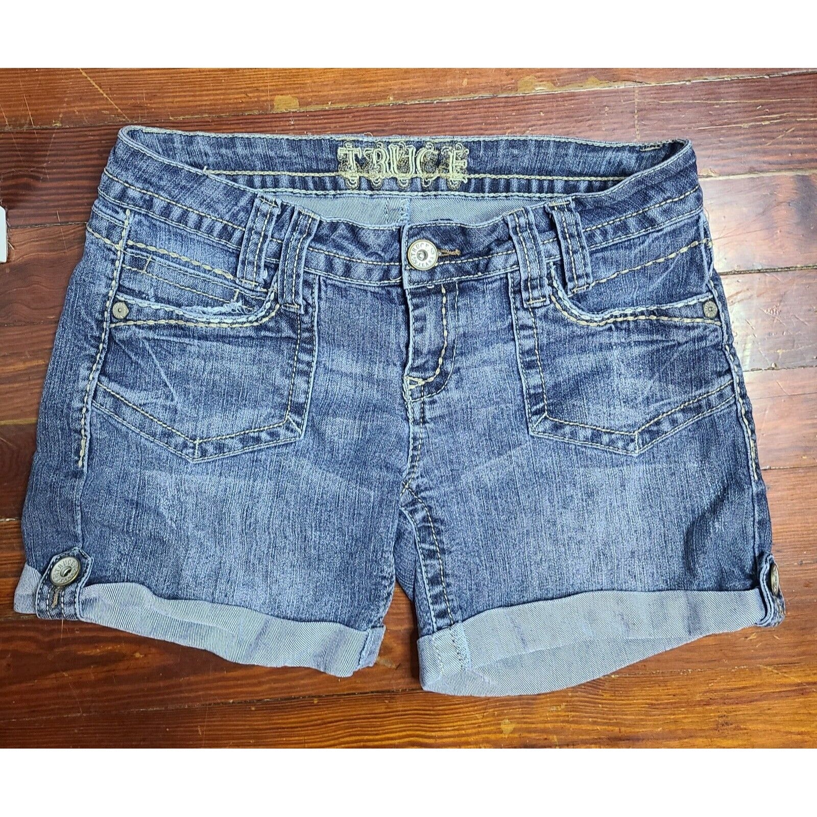 Truce Size 8 Blue Denim Jean Shorts Rolled Up Bottom Hem With Buttons