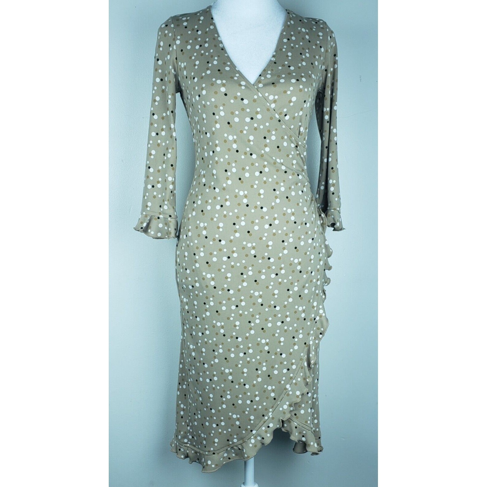 Jonathan Martin Tan White Polka Dot Dress 3/4 Sleeves Slitted Skirt Size Small S