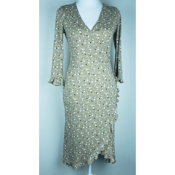 Jonathan Martin Tan White Polka Dot Dress 3/4 Sleeves Slitted Skirt Size Small S
