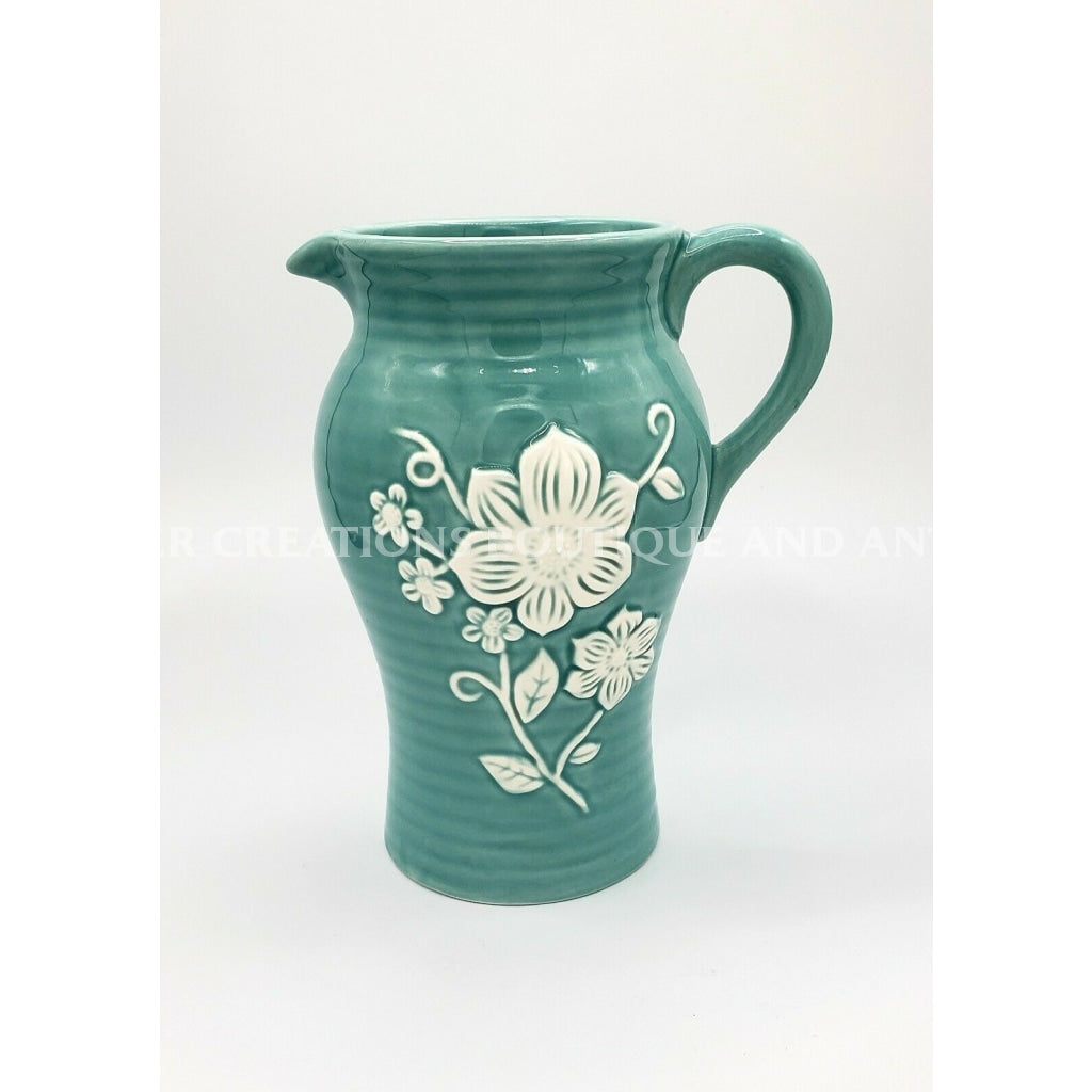 Vintage Teleflora Pitcher W/ Handle Turquoise With White Flowers 9